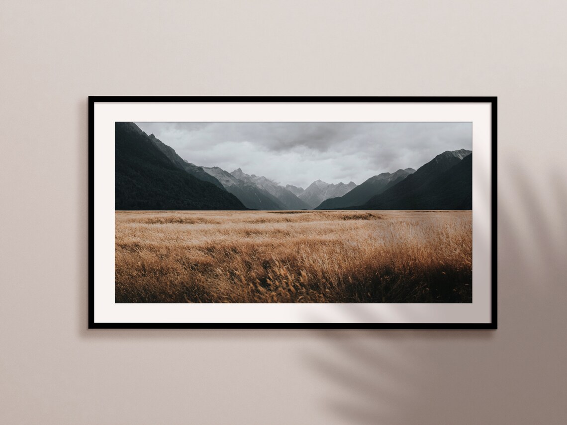 Mountain View With Golden Dry Grass Field, Art Print - Image 2