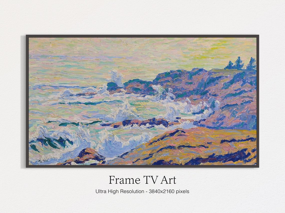 Impressionist Rocky Coastline Painting Waves Crashing Cliffs Wall Art