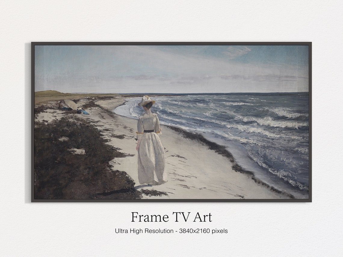 Woman On A Beach Vintage Painting Ocean Waves Summer Wall Art