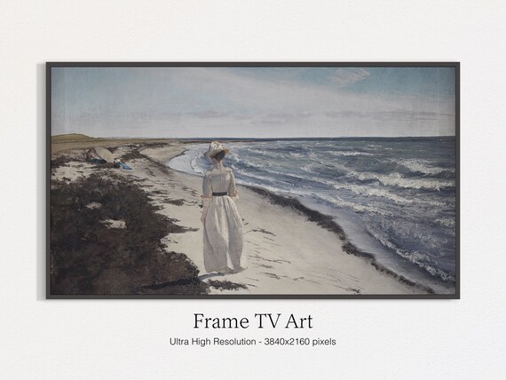 Woman On A Beach Vintage Painting Ocean Waves Summer Wall Art