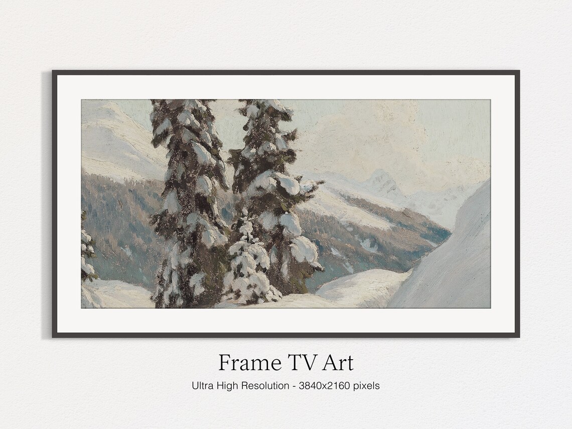 Snowy Alpine Mountains and Pines Winter Vintage Oil Painting Poster - Image 4