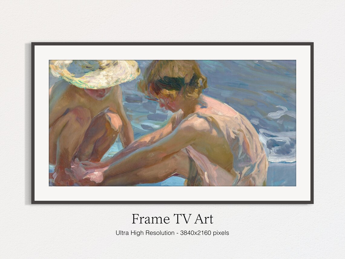 Children Playing In Shallow Sea Water Summer Beach Painting Art Print - Image 4