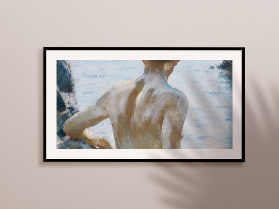 Young Swimmer In Sunlit Sea Back View Impressionist Beach Art Print - Image 2