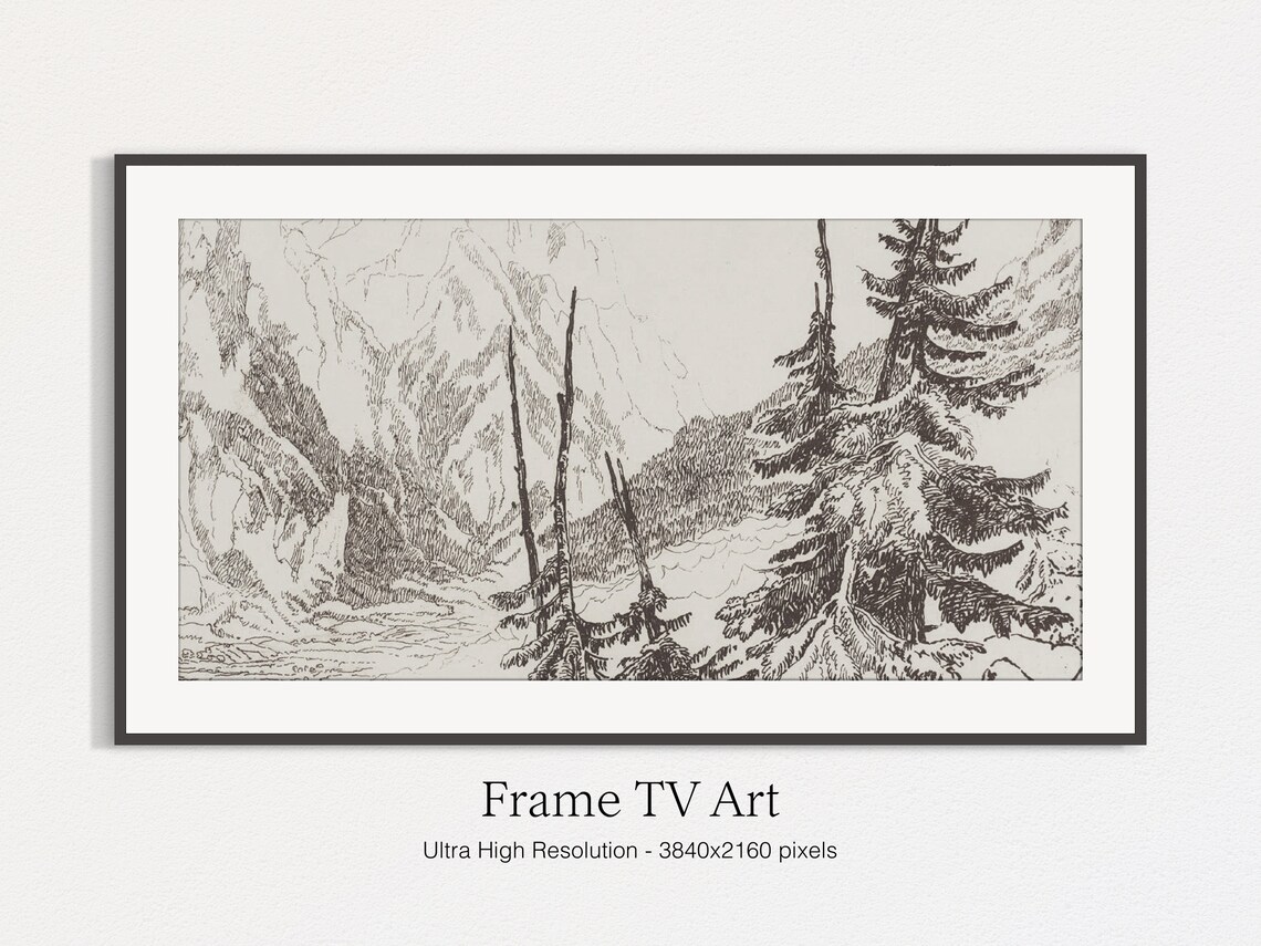 Rustic Mountain Pine Tree Landscape Sketch, Vintage - Image 4