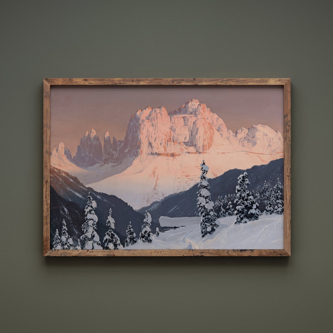 Snow Capped Peaks Alpenglow Winter Mountain Pine Forest Print - Image 2