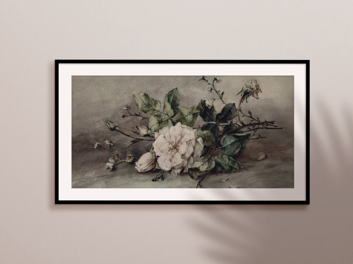 Moody Vintage Pink Roses Branch On Soft Grey Still Life Print - Image 2
