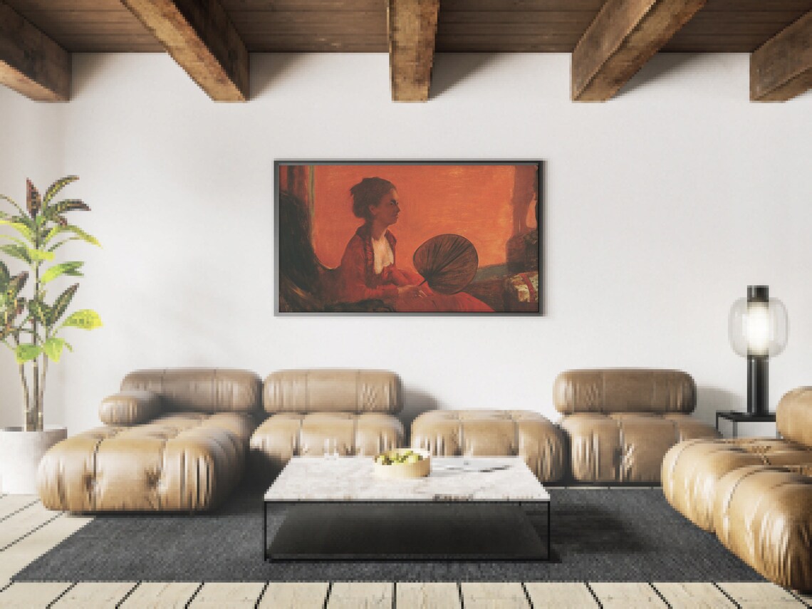 Woman In Red Gown Holding Fan Warm Orange Portrait Vintage Art Print - Image 3