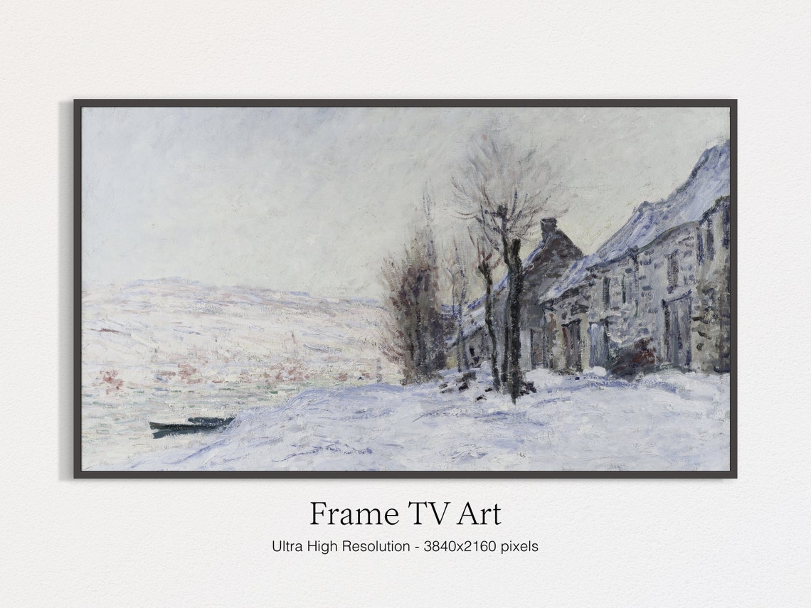 Impressionist Snowy Riverside Village Stone Houses Winter Print - Image 4