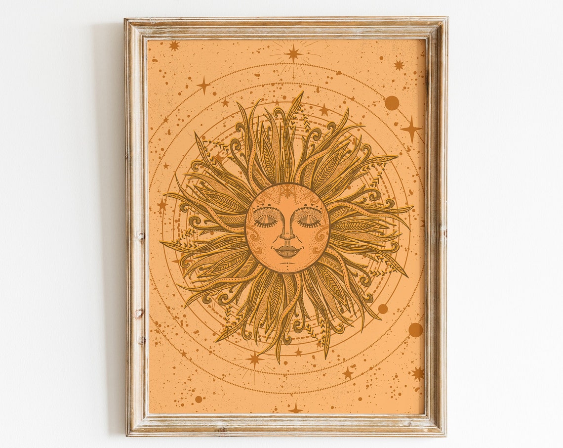 Vintage Celestial Sun Face Ornate Golden Rays Bohemian Wall Art - Image 4