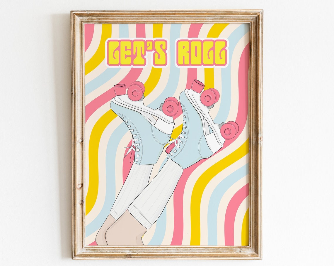 Lets Roll Retro Roller Skates Blue Skates Groovy 70s Skating Poster