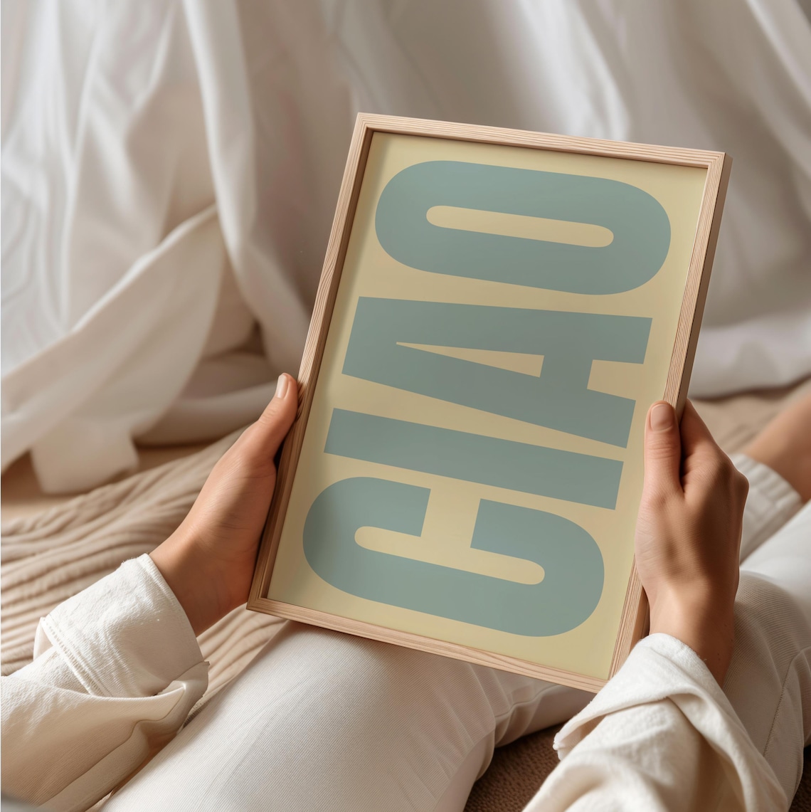 Ciao Italian Greeting Typography Poster Blue Beige Letter Art