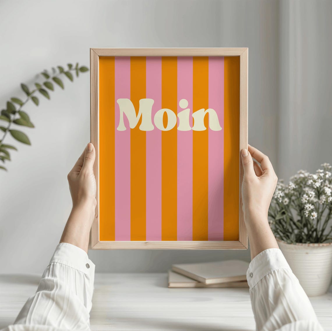 Moin Poster Orange Pink Striped Retro German Greeting Hallway Decor