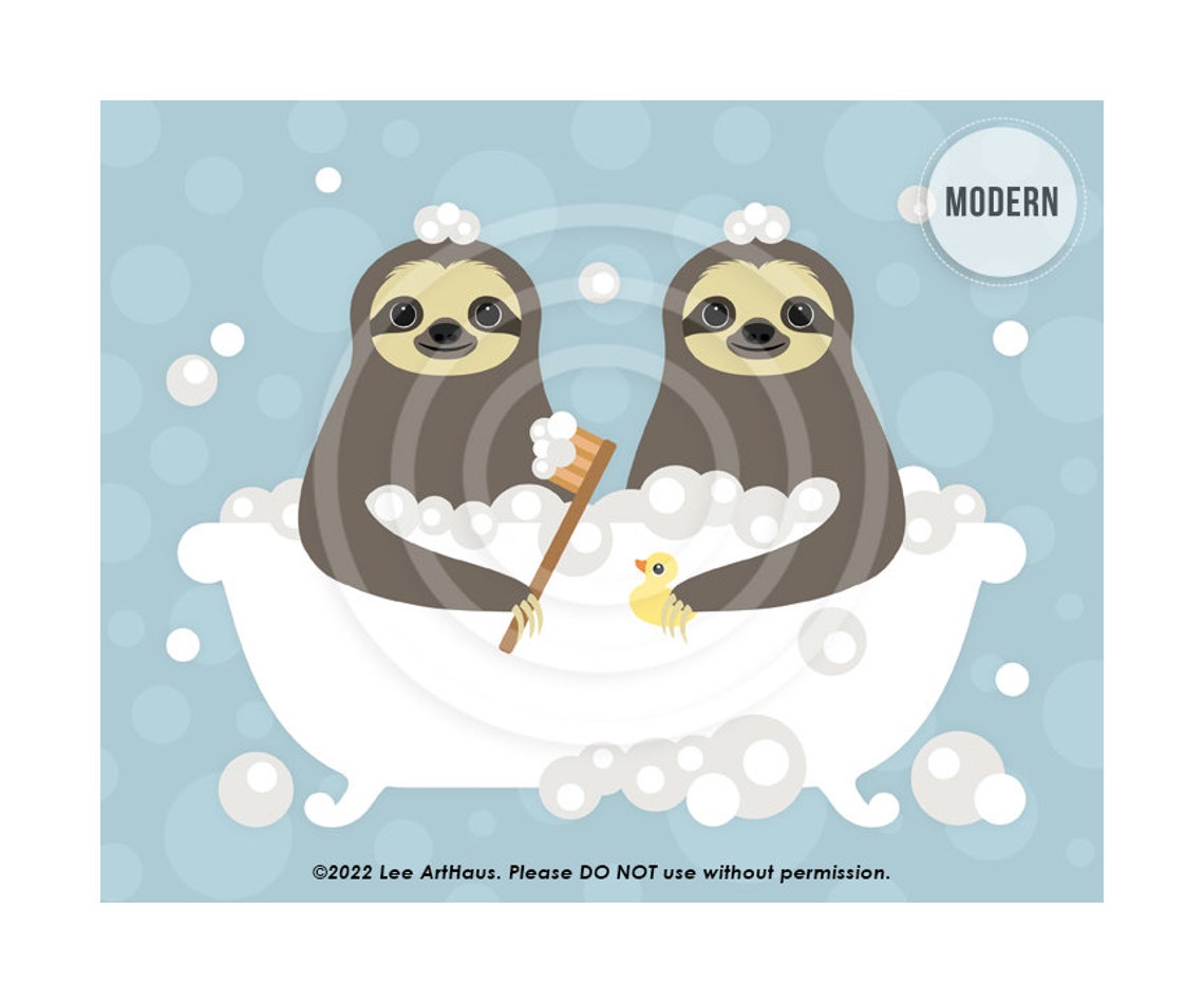 Two Cute Sloths Sharing Bubble Bath Bright Teal Bathroom Art Print - Image 2