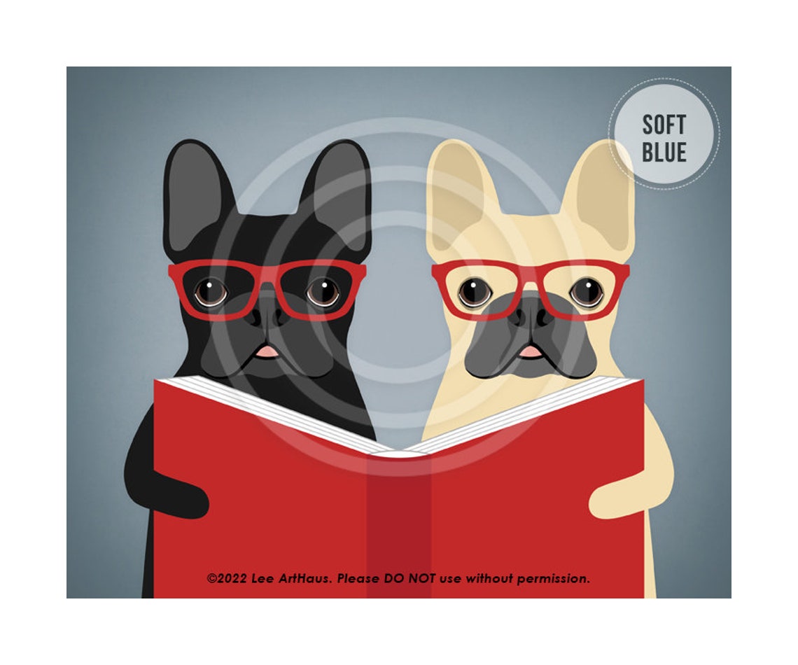 568dp Dog Home Decor Two French Bulldogs Reading Book Wall Art French Bulldog Drawing Book Lover Gift Dog Wearing Eyeglasses - Image 2