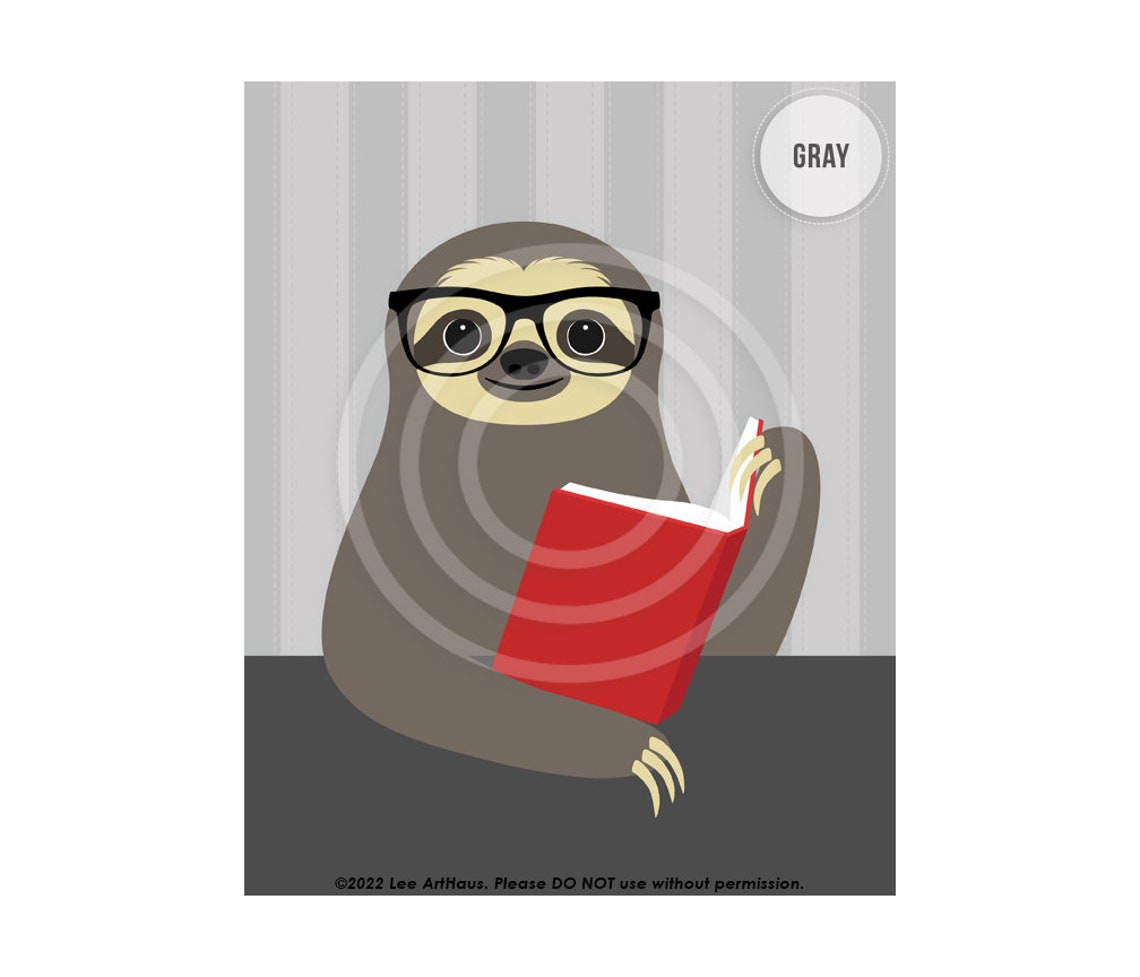 Sloth Wearing Glasses Reading Red Book Funny Animal Art Poster - Image 2