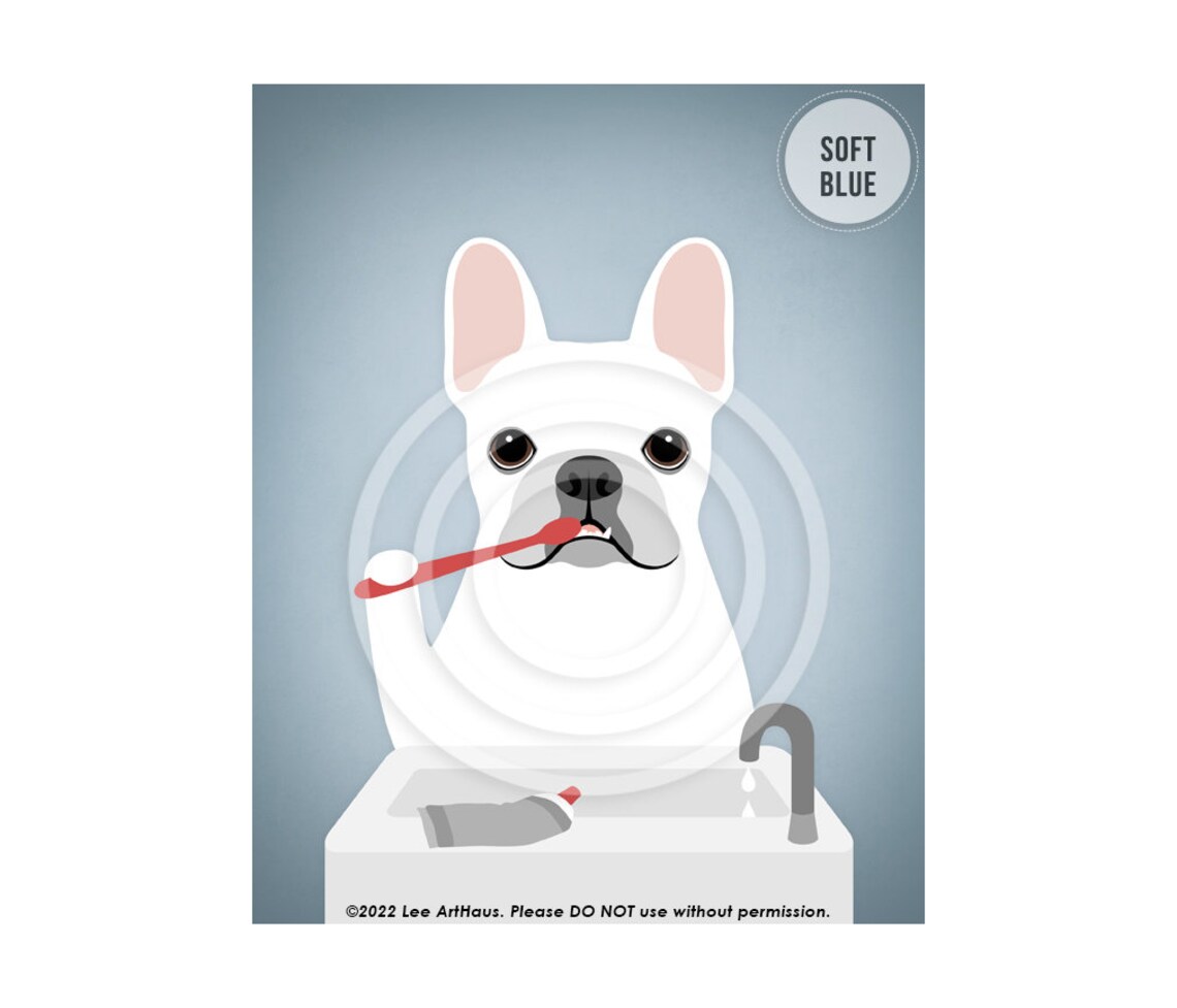White French Bulldog Brushing Teeth At Sink Funny Dog Art Poster - Image 2