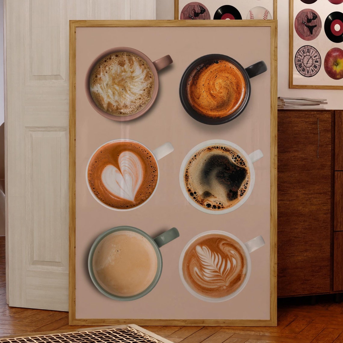 Coffee Lover Latte Art Cups Top View Kitchen Cafe Decor Wall Art Print