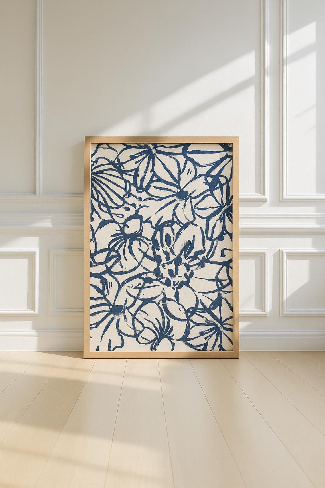 Navy Blue Floral Line Art Modern Botanical Cream Bloom Poster