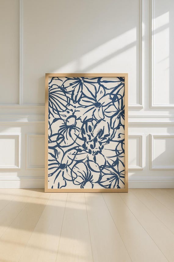 Navy Floral Line Art Print Modern Botanical Wall Decor