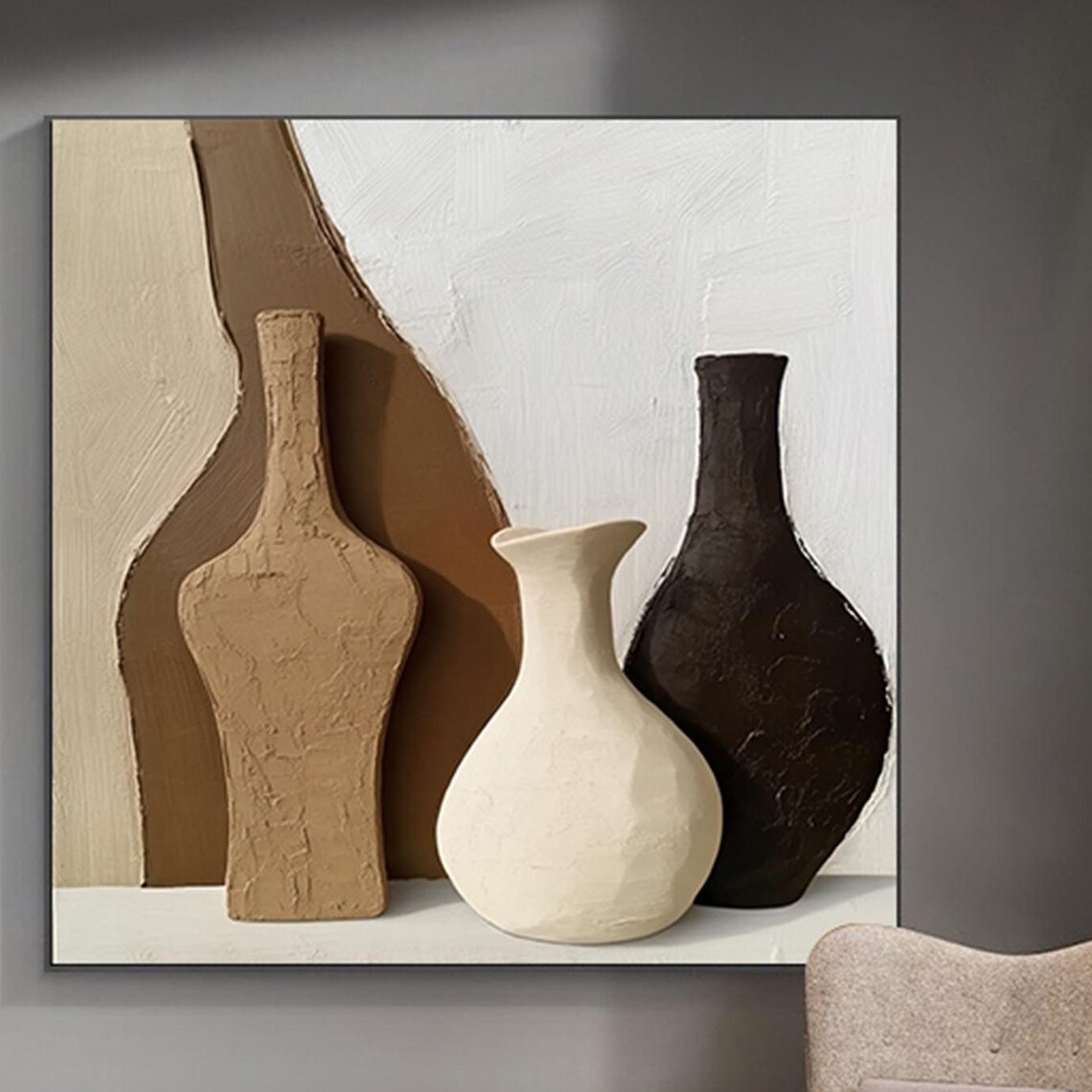 Modern Ceramic Vases 3D Textured Still Life Painting Tan Brown Poster