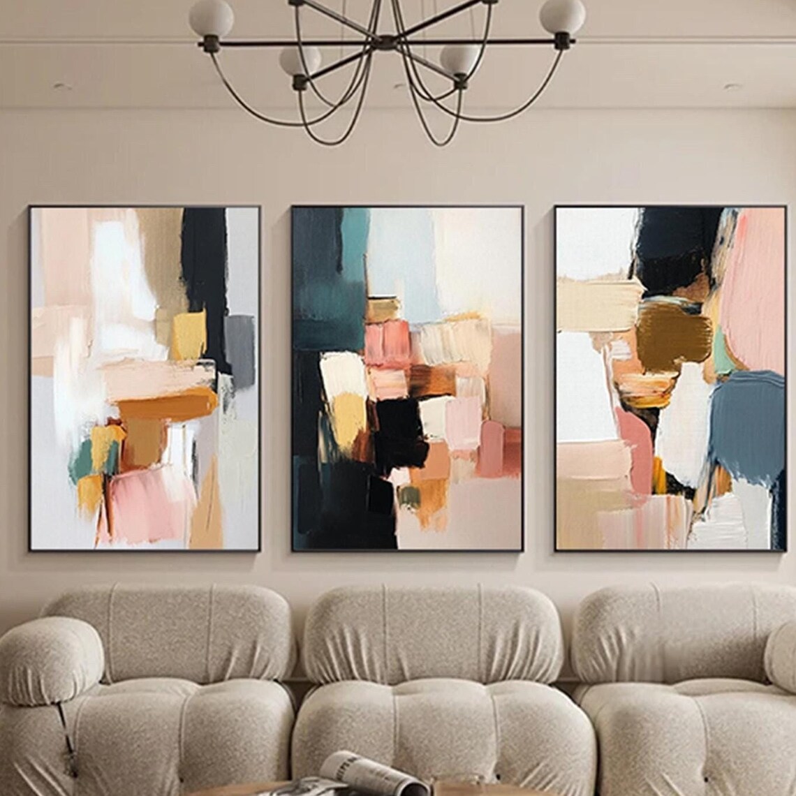 3 Pieces Pink Abstract Painting, Wabi Sabi Christmas Art Print