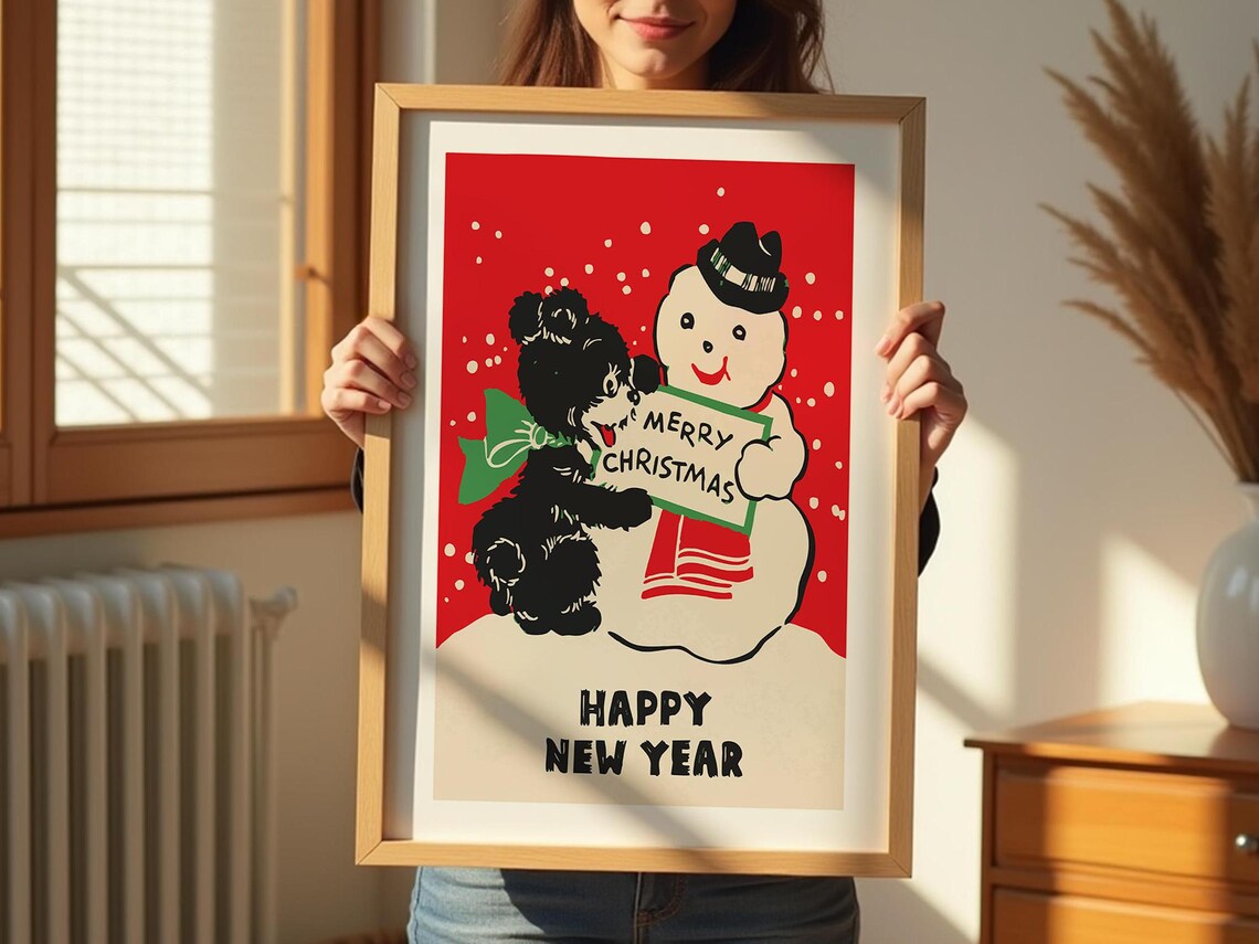 Merry Christmas Happy New Year Snowman Puppy Vintage Holiday Poster - Image 3