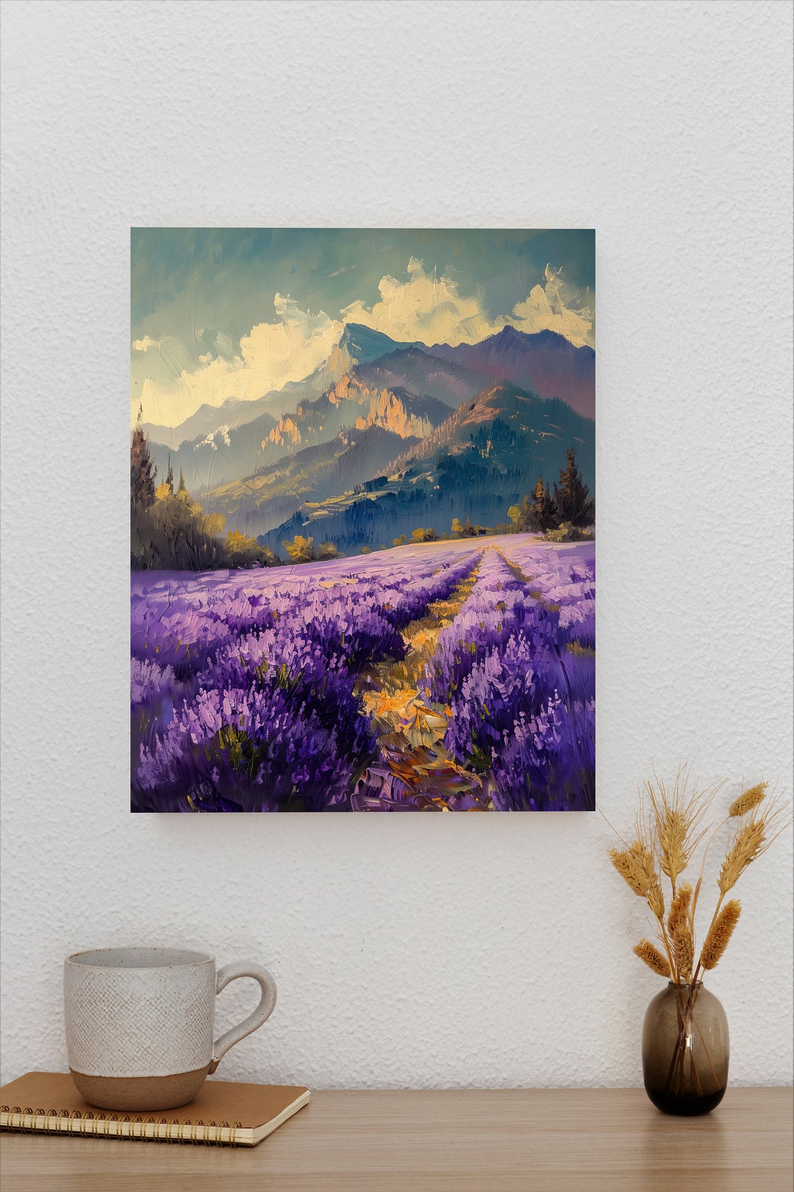 Lavender Field Rows Before Glowing Rocky Cliffs at Dusk Poster - Image 2