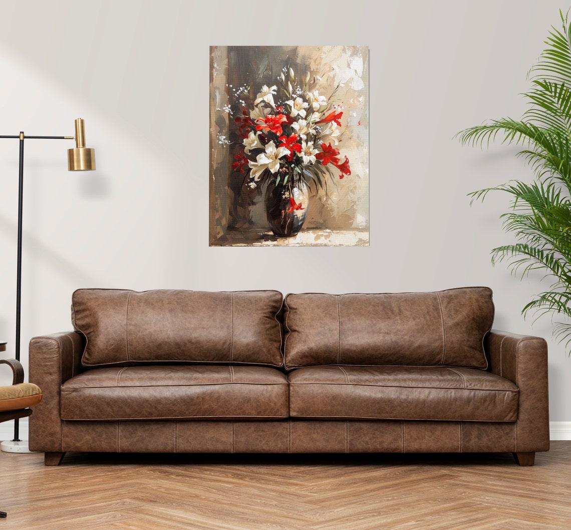 Red And White Lilies Dark Vase Modern Floral Painting Poster - Image 3