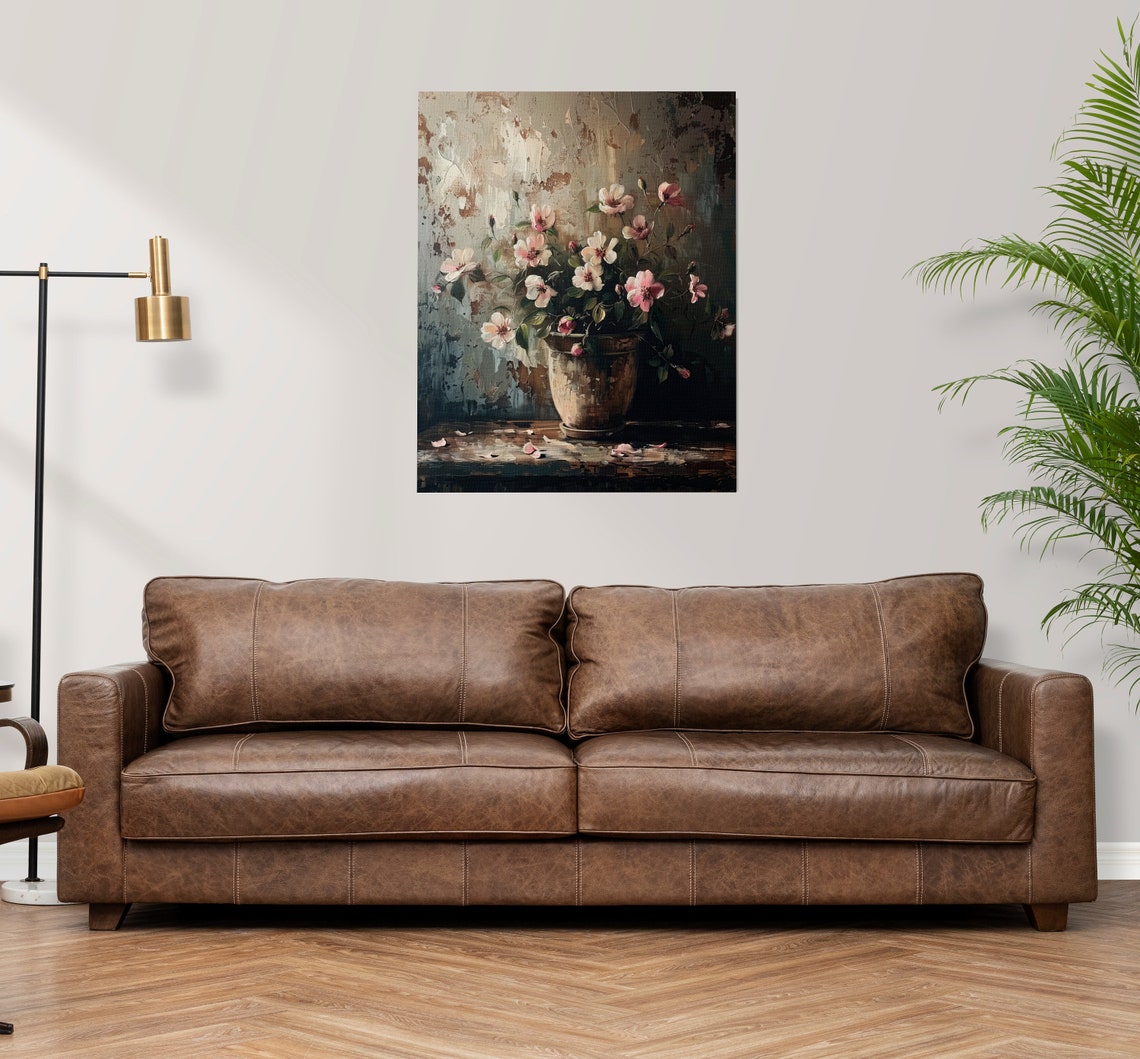 Pink Cherry Blossoms in Rustic Clay Pot Moody Floral Still Life Poster - Image 3