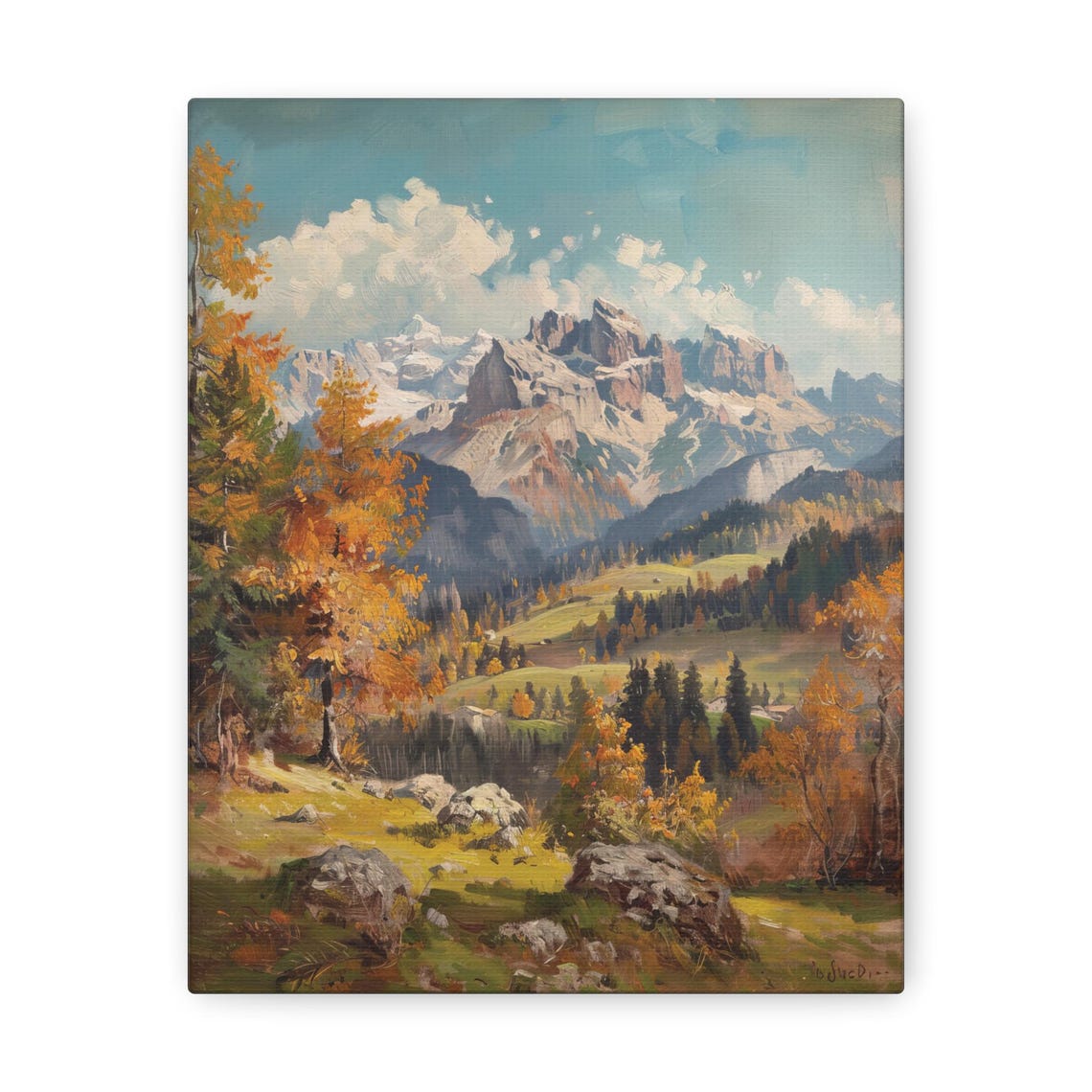 Autumn Alpine Valley Poster with Snowy Peaks and Orange Trees View - Image 3