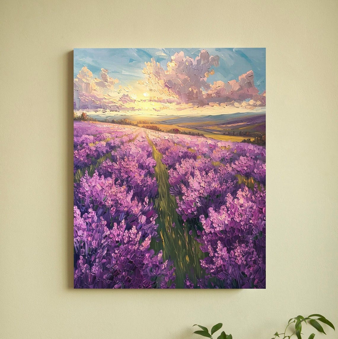 Lavender Field Path at Sunset Under Golden Cloudy Sky Poster