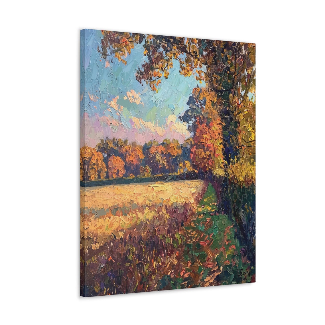 Autumn Field at Golden Dusk Poster with Textured Impasto Trees View - Image 4