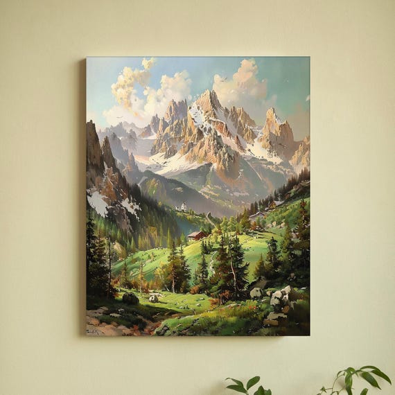 Mountain Wall Art Print Rustic Mountain Painting Landscape Wall Art Snow Mountain Painting Vintage Farmhouse Decor Forest Art