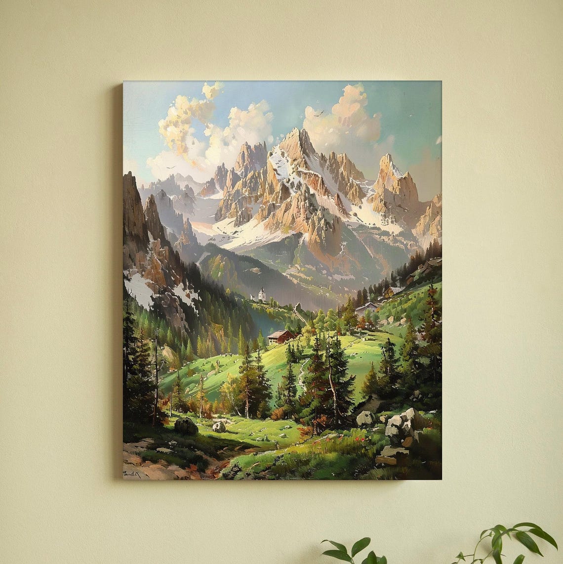 Mountain Wall Art Print Rustic Mountain Painting Landscape Wall Art Snow Mountain Painting Vintage Farmhouse Decor Forest Art