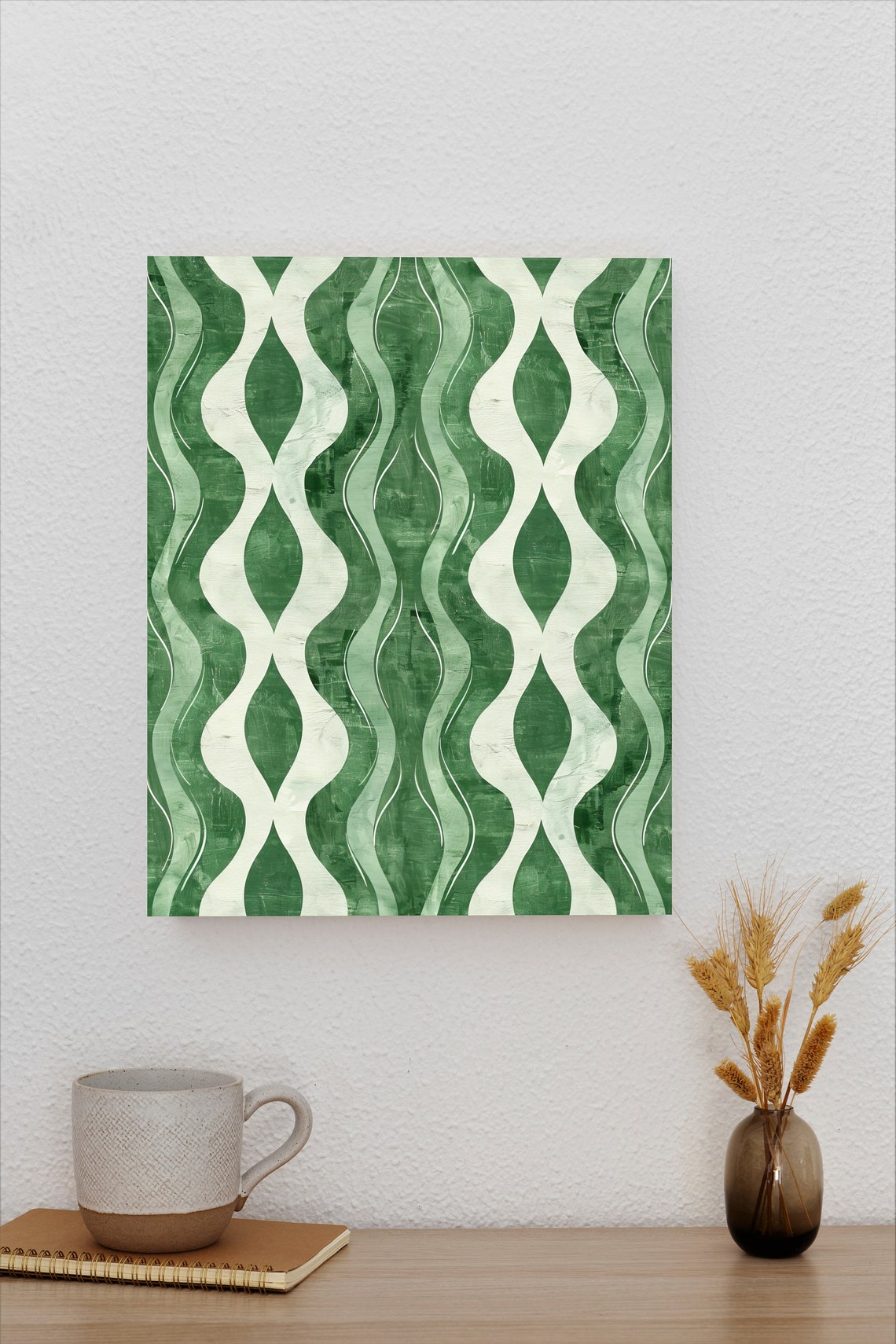 Sage Green and White Wavy Geometric Boho Abstract Pattern Poster - Image 2