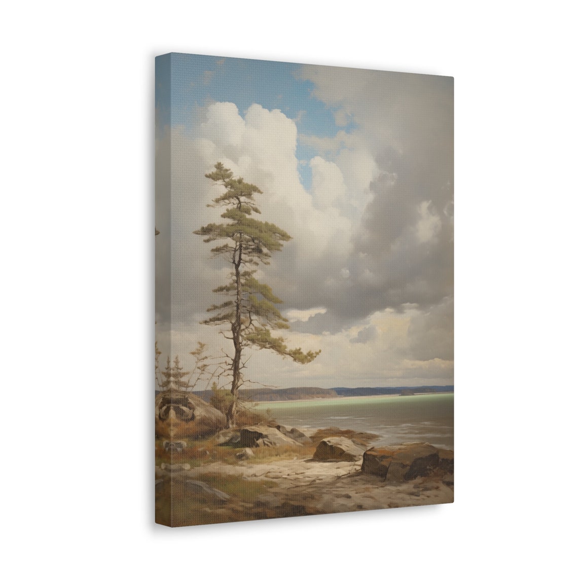 Lone Pine Tree on Rocky Shore Beneath Dramatic Cloudy Sky Poster - Image 4