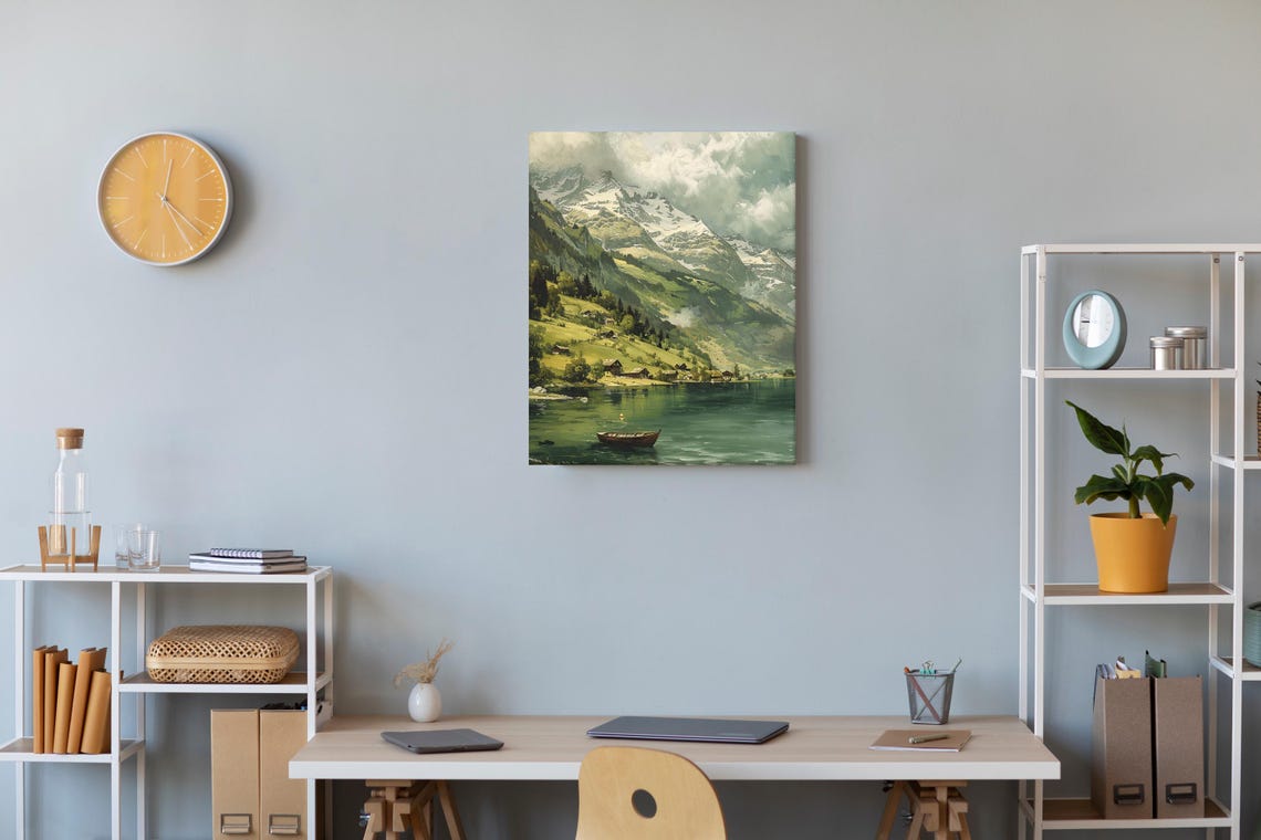 Mountain Wall Art Print Rustic Mountain Painting Landscape Wall Art Snow Mountain Painting Vintage Farmhouse Decor Forest Art - Image 2