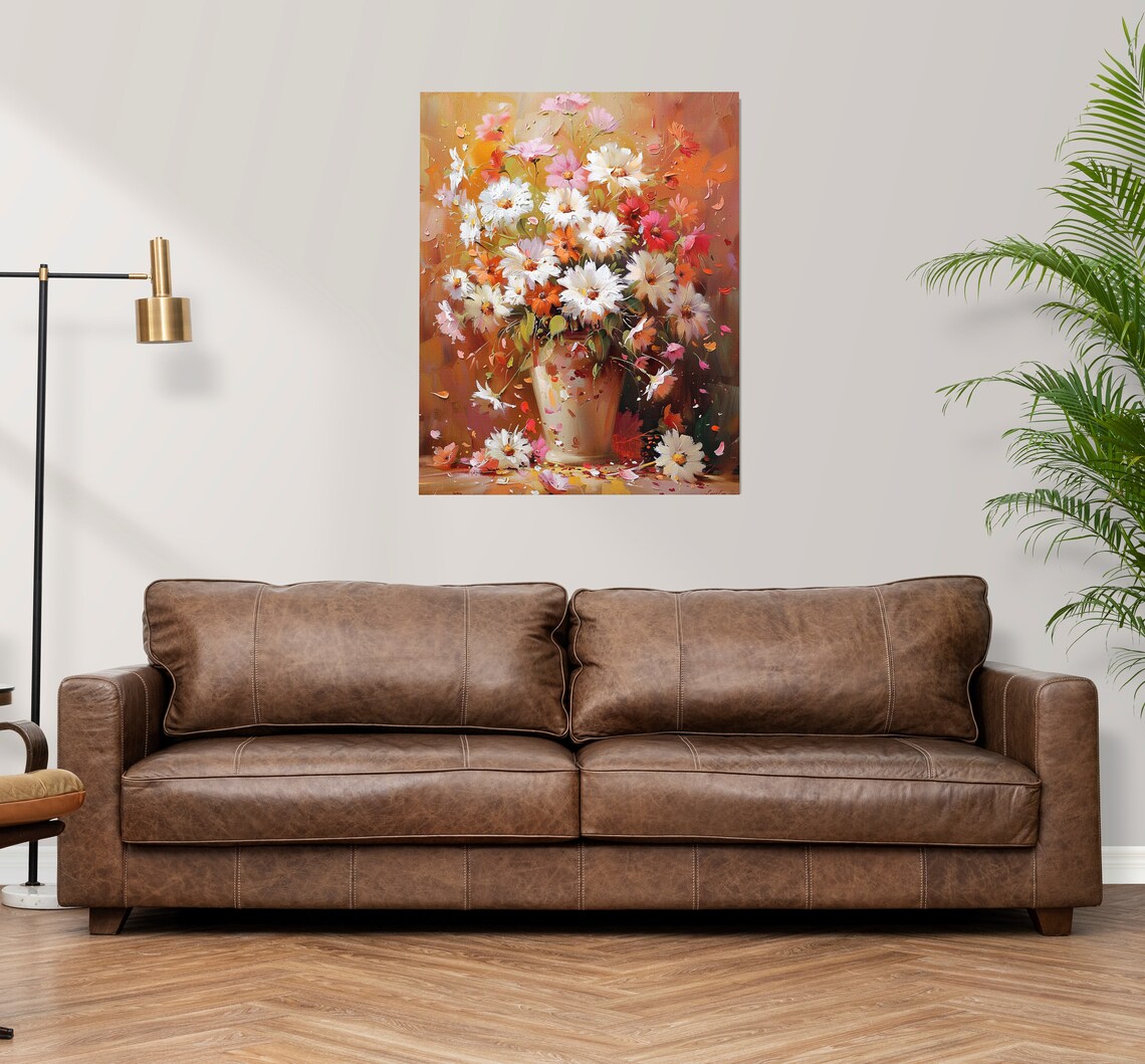 White and Pink Cosmos Bouquet in Vase with Warm Amber Glow Poster - Image 3