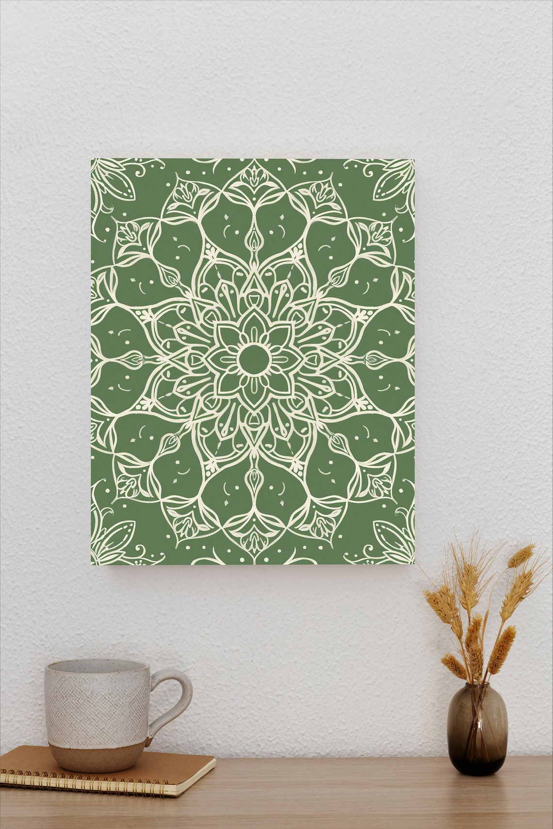 Sage Green Mandala Cream Line Art Boho Farmhouse Minimalist Poster - Image 2