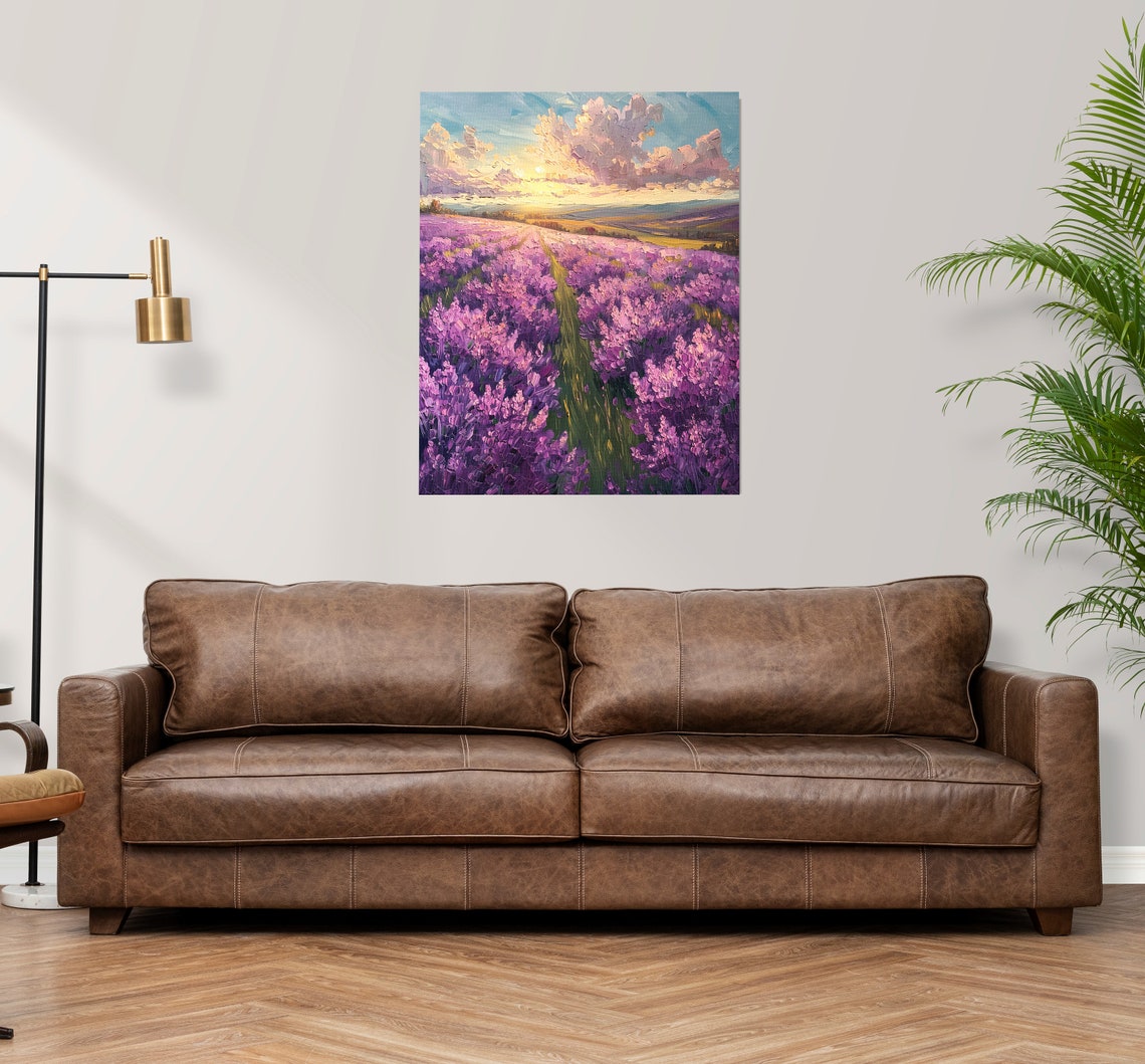 Lavender Field Path at Sunset Under Golden Cloudy Sky Poster - Image 3