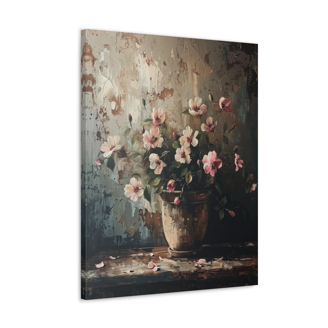 Pink Cherry Blossoms in Rustic Clay Pot Moody Floral Still Life Poster - Image 4