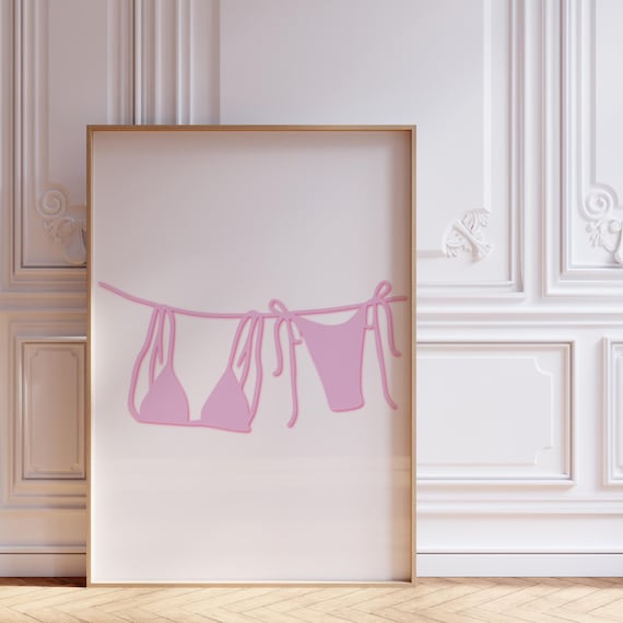 Soft Pink Bikini Hanging on a Clothesline Minimal Summer Wall Print
