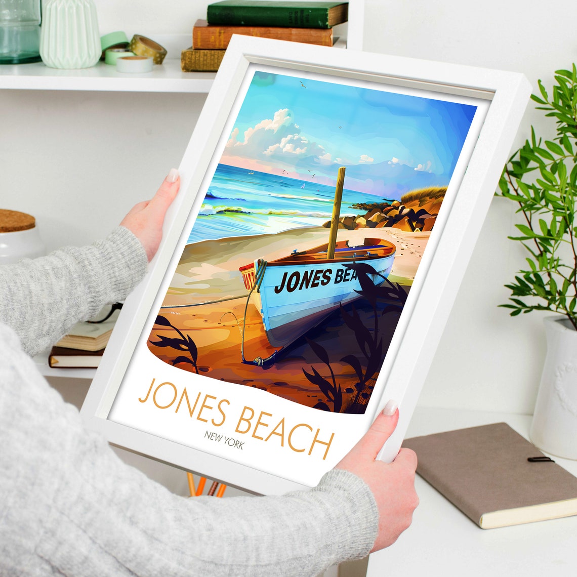 Jones Beach New York Beached Boat Coastal Sunset Scene Travel Poster - Image 4