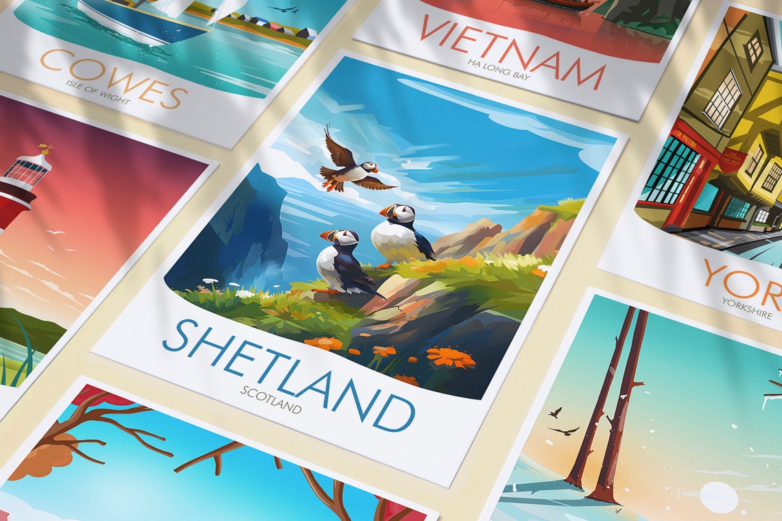 Shetland Scotland Puffins on Rocky Sea Cliffs Coast View Poster - Image 3