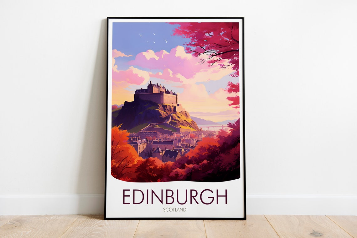 Edinburgh Scotland Castle Hill Pink Sunset Skyline Travel Poster - Image 2