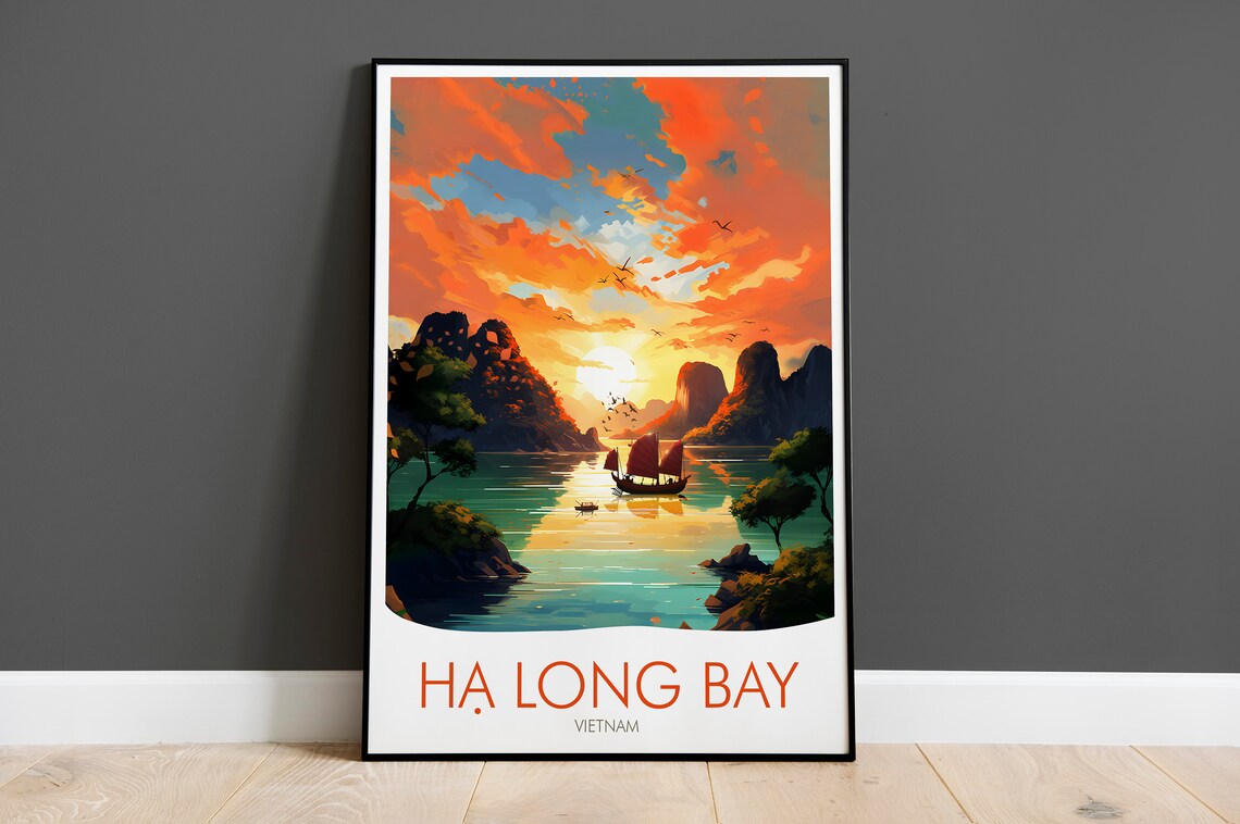 Ha Long Bay Vietnam Junk Boat Karsts Golden Sunset Travel Poster