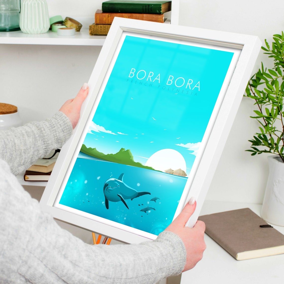 Bora Bora French Polynesia Dolphin Lagoon Island Scene Poster - Image 4
