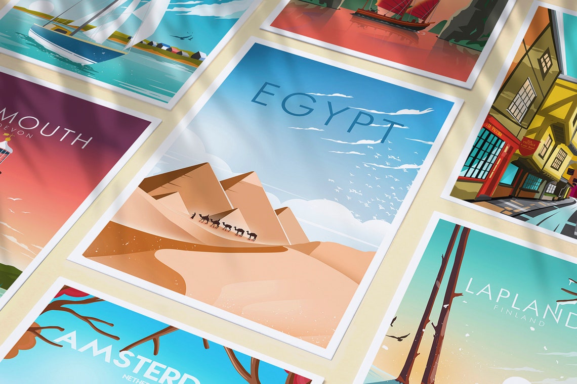 Egypt Pyramids Camel Caravan Desert Dunes Minimalist Travel Poster - Image 3