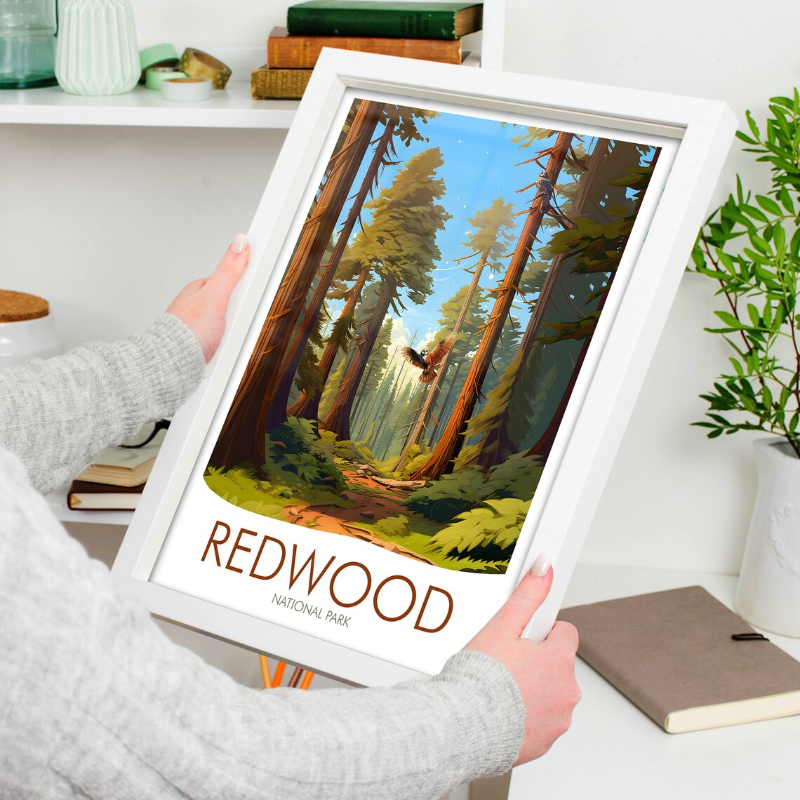 Redwood National Park Towering Trees Forest Path Bird Sky California Travel Poster - Image 4