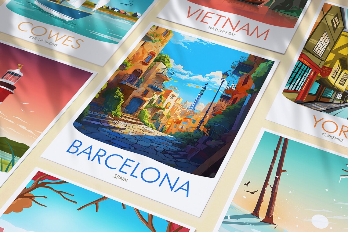 Barcelona Spain Sunlit Alley Historic Balconies Vintage Travel Poster - Image 3
